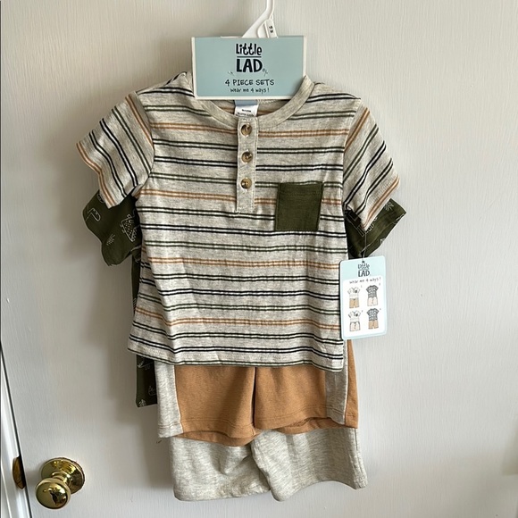 Striped Kids Shirt & Shorts Set - Green and Tan - Picture 1 of 3